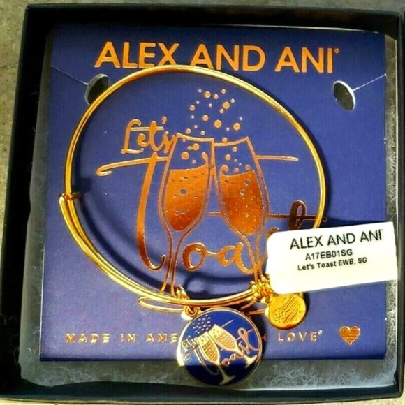 NWT Alex and Ani Let’s Toast Champagne Shiny Gold Bangle Celebrate Bracelet - Picture 1 of 2